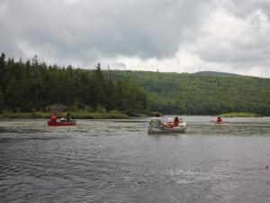 paddlers on North South Lake on an overcast day