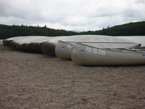 Canoes lined up on the beach at North South Lake