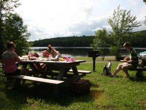 Family and friends at a picnic table with grill at North South Lake