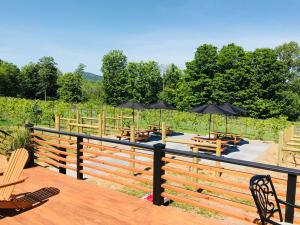 Outdoor seating area with covered picnic tables at The Vineyard at Windham