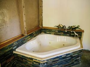 Stand along bathtub with tile and giraffe statue at the Long Neck Inn