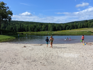 beach at lake with kids playing