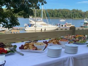 food on table by water