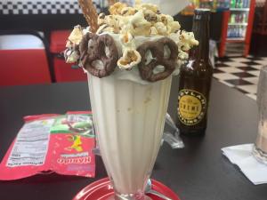 milkshake with candy and popcorn