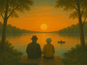 A mature couple sits side by side on a weathered dock overlooking a still lake, bathed in golden light. The image evokes love, memory, and reflection—an image from Bridge Street Theatre’s production of “On Golden Pond.”