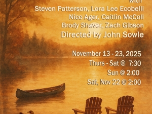 Official poster for Bridge Street Theatre’s production of “On Golden Pond” by Ernest Thompson, running November 13–23, 2025, in Catskill, NY. The design features warm golden tones and a tranquil lakeside image reflecting themes of love, aging, and renewal.