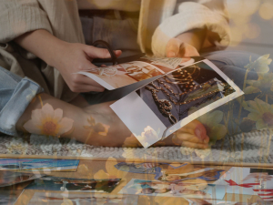 Woman cutting out images for a collage.
