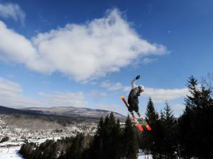 skiier jumping at Hunter Mountain Resort