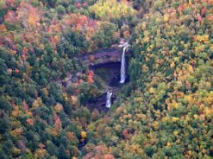 Distant view of Kaaterskill Falls in the Fall