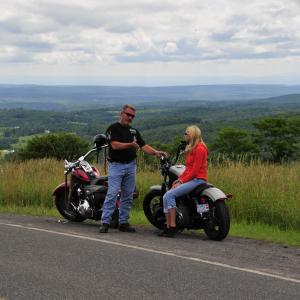 Motorcyclists at a scenic pull off in the catskills
