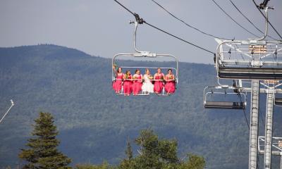 Bridesmaids at a wedding on the Skyride int he Catskills