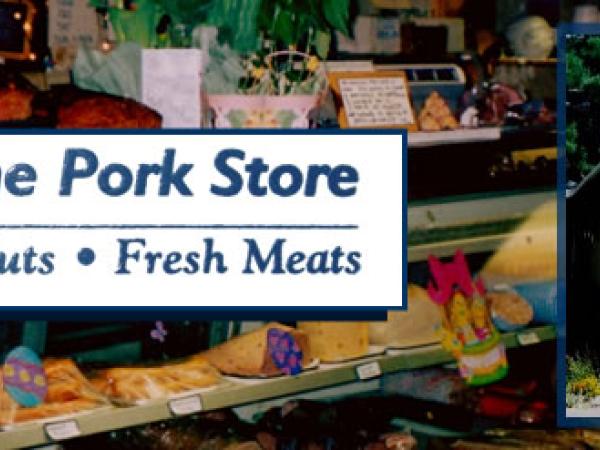 Alpine Pork Store collage with exterior and meat case