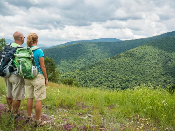 Couple hiking during Spring in the Catskills