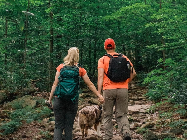 couple hiking with dog 