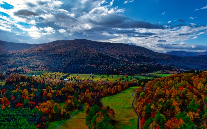 Aerial view of Catskills Mountain Region's Fall Foliage